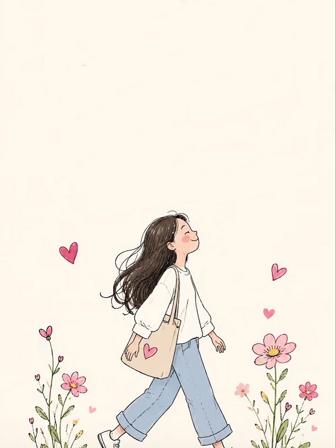 花の中を歩く女性のイラスト